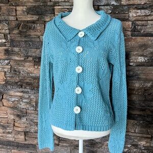 Vibrant Blue Cable Knit Cardigan with Classic Collar
